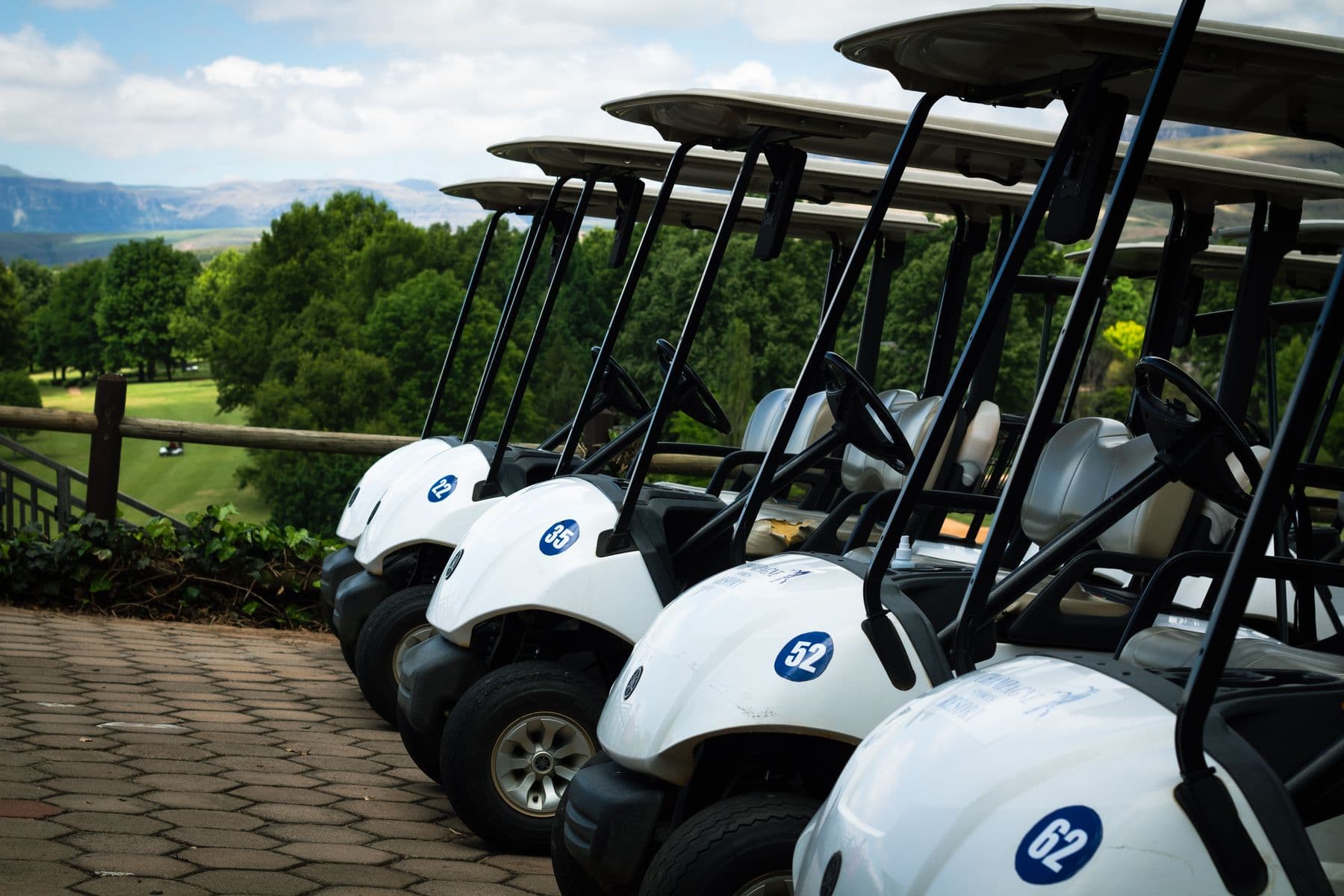 A row of white golf carts overlooking a green course